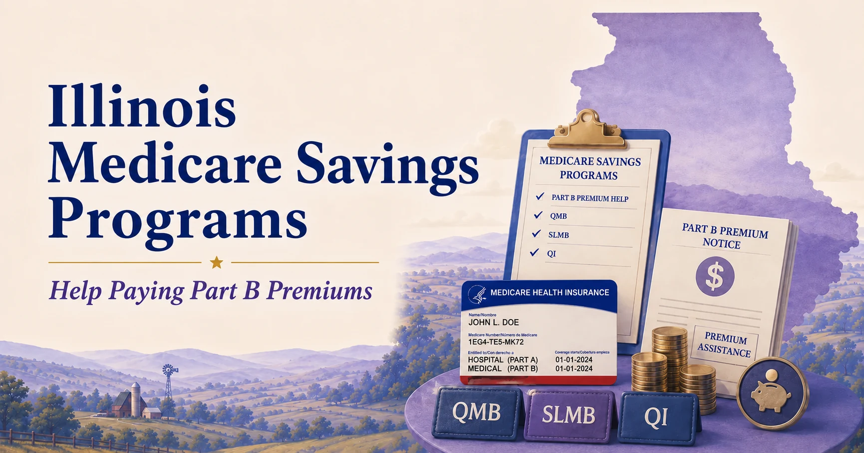Illinois Medicare Savings Programs guide showing QMB, SLMB and QI assistance, a Part B premium notice, Medicare card and savings symbols.