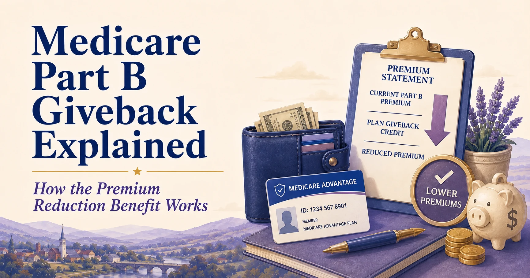 Medicare Part B Giveback guide with a Medicare Advantage card, premium statement, wallet, calculator, coins and premium-reduction symbols