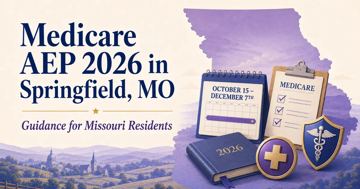 Medicare AEP 2026 in Springfield, MO: an October 15–December 7 calendar, Springfield skyline, plan folders and review checklist.