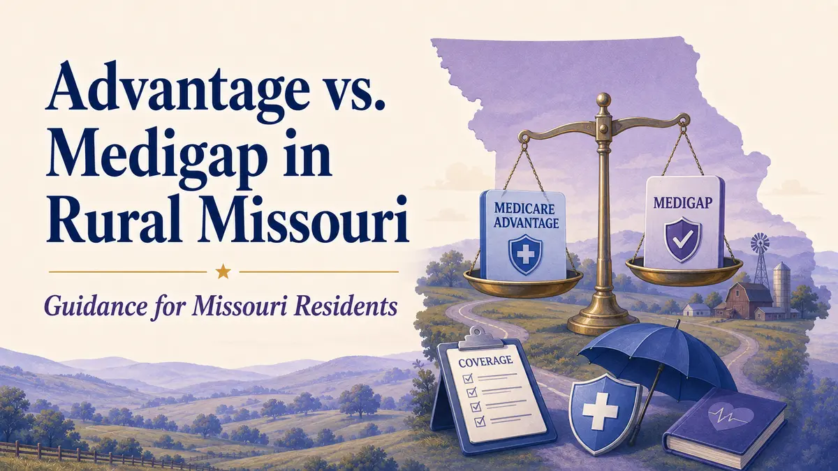 Advantage vs. Medigap in Rural Missouri: Medicare Advantage and Medigap folders at a rural Missouri crossroads with provider and cost symbols.