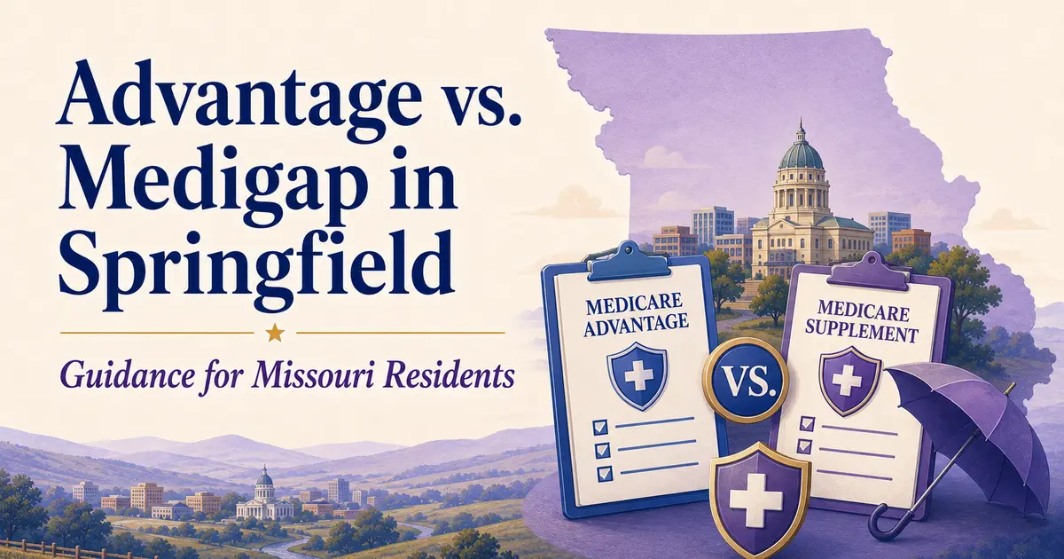 Advantage vs. Medigap in Springfield: Medicare Advantage and Medigap folders compared beside Springfield provider and cost symbols.