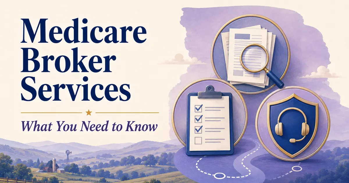 Medicare Broker Services: plan documents, a magnifying glass, checklist and year-round support headset.