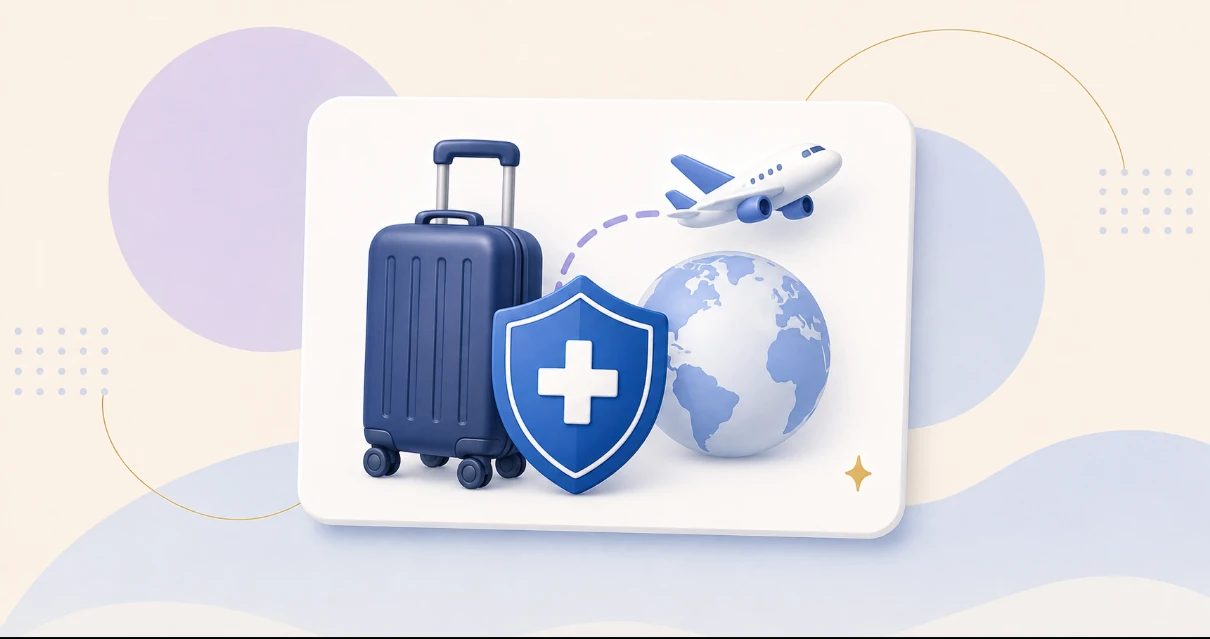 Suitcase, globe, airplane and medical shield representing Medicare travel coverage