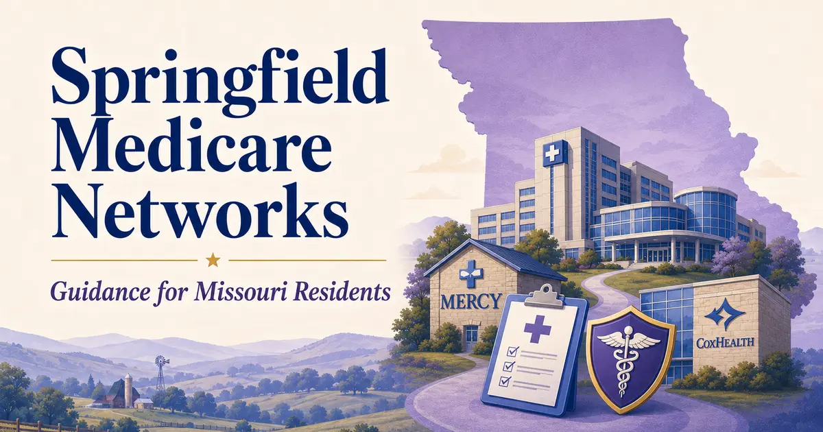 Springfield Medicare Networks: a Missouri silhouette, Springfield hospitals, provider directory, stethoscope and network shield.