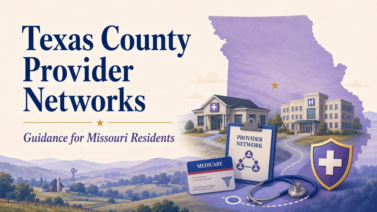 Texas County Provider Networks: a Missouri silhouette, Texas County clinics, provider directory, stethoscope and network shield.