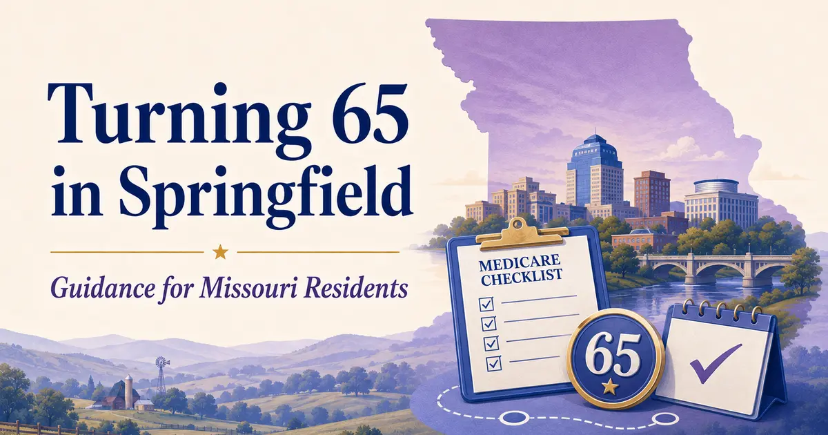 Turning 65 in Springfield: a Missouri silhouette, Springfield skyline, age-65 badge, calendar and Medicare checklist.