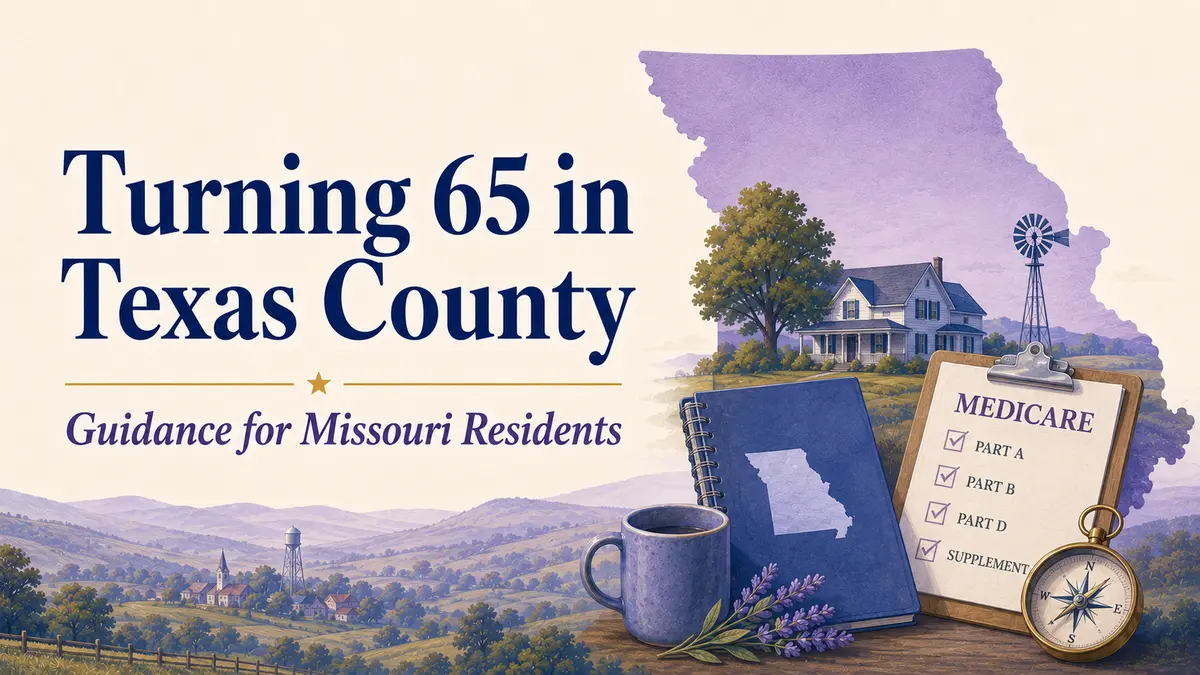 Turning 65 in Texas County: a Missouri silhouette, Texas County landscape, age-65 badge, Medicare checklist and compass.