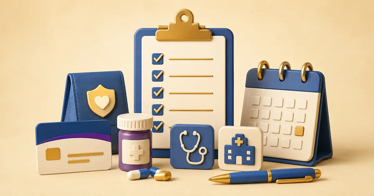 Healthcare card, prescription bottle, provider symbols, calendar and checklist prepared for an annual Medicare plan review