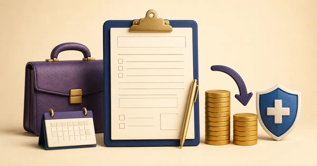 Retirement briefcase, blank SSA-44-style form, calendar, lower coin stack and healthcare shield illustrating an IRMAA reduction request