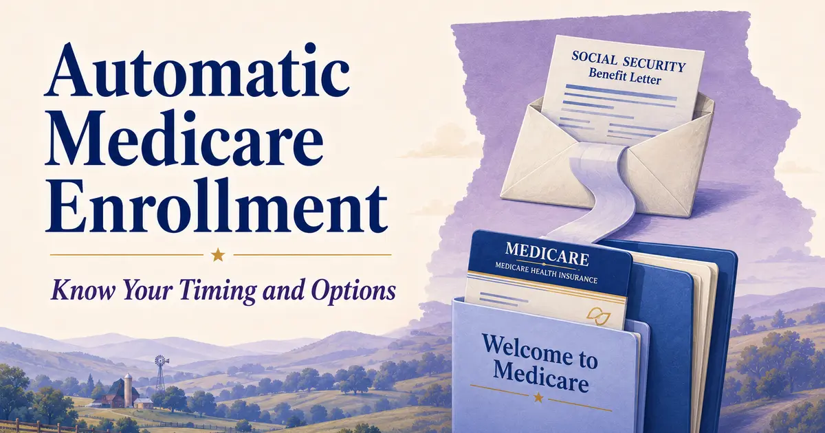 Automatic Medicare Enrollment: a Social Security benefit letter flowing into a Medicare card and welcome packet.