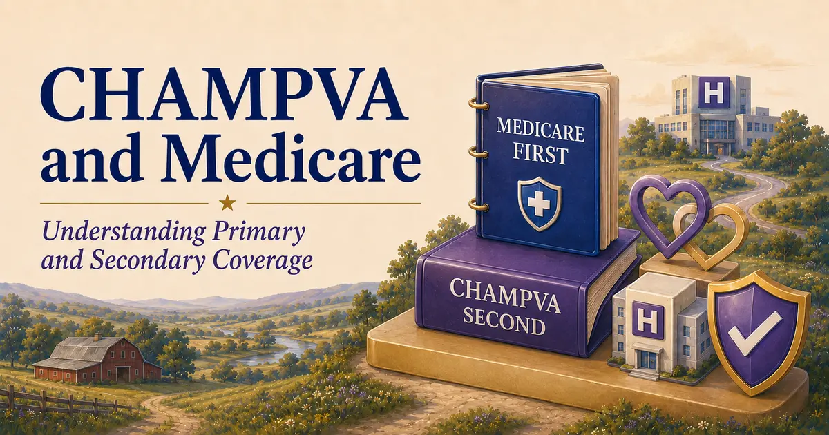 CHAMPVA and Medicare guide showing Medicare first and CHAMPVA second for eligible care.
