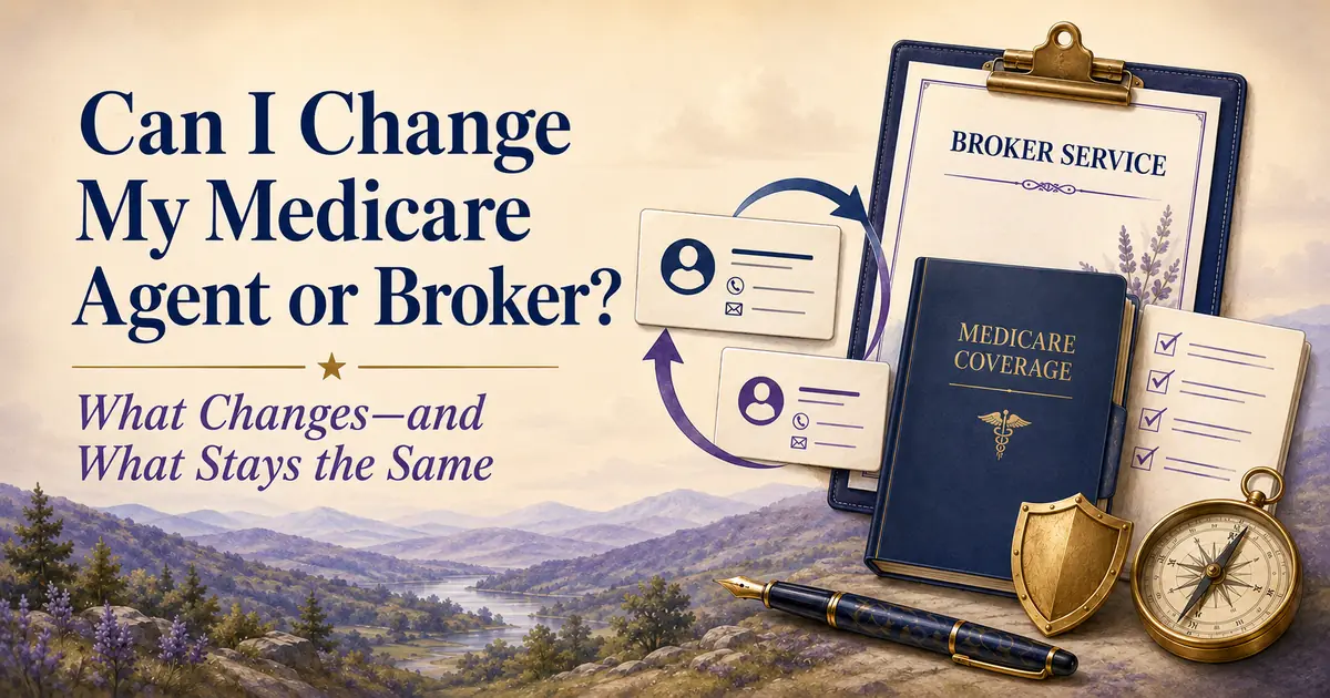 Can I Change My Medicare Agent or Broker: broker service documents, contact cards with change arrows, a Medicare coverage guide, checklist, shield and compass.
