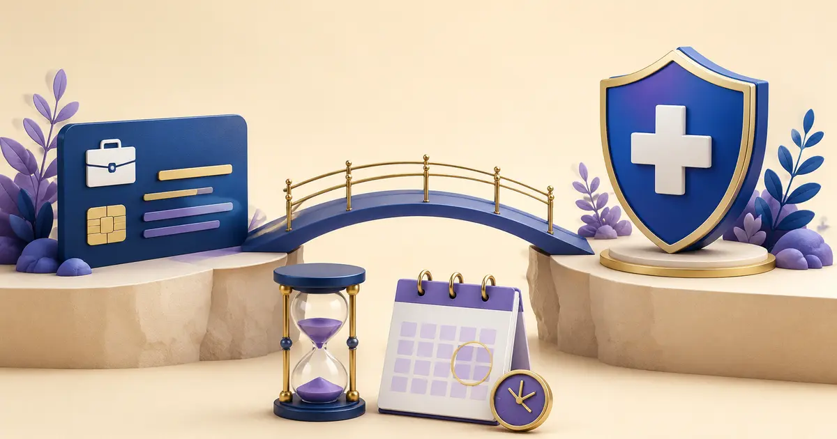 Employer health plan card, bridge, hourglass and healthcare shield representing COBRA and Medicare enrollment timing