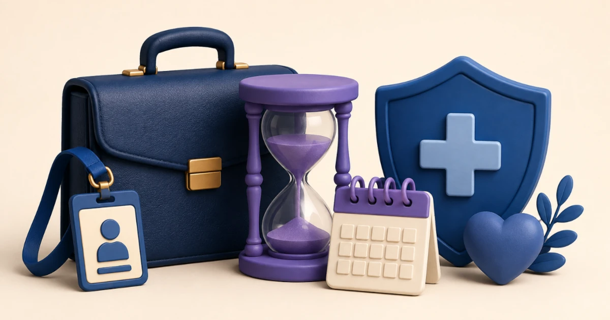 Briefcase, hourglass, calendar and healthcare shield representing the decision to delay Medicare while still working