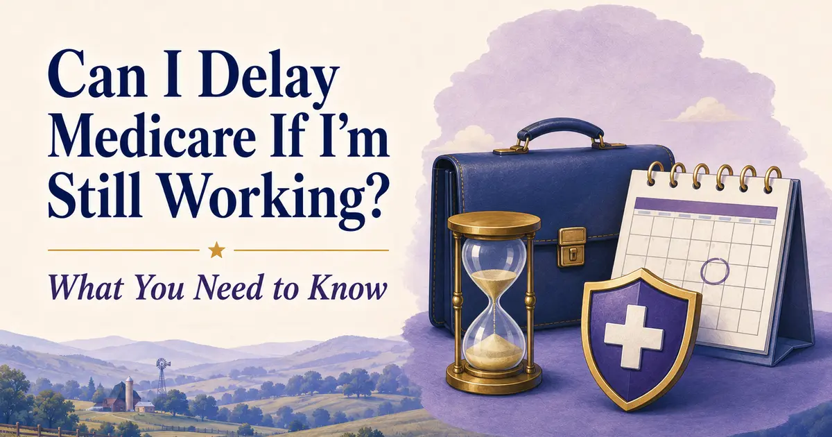 Can I Delay Medicare If I’m Still Working?: a briefcase, hourglass, calendar and healthcare shield for delaying Medicare while working.
