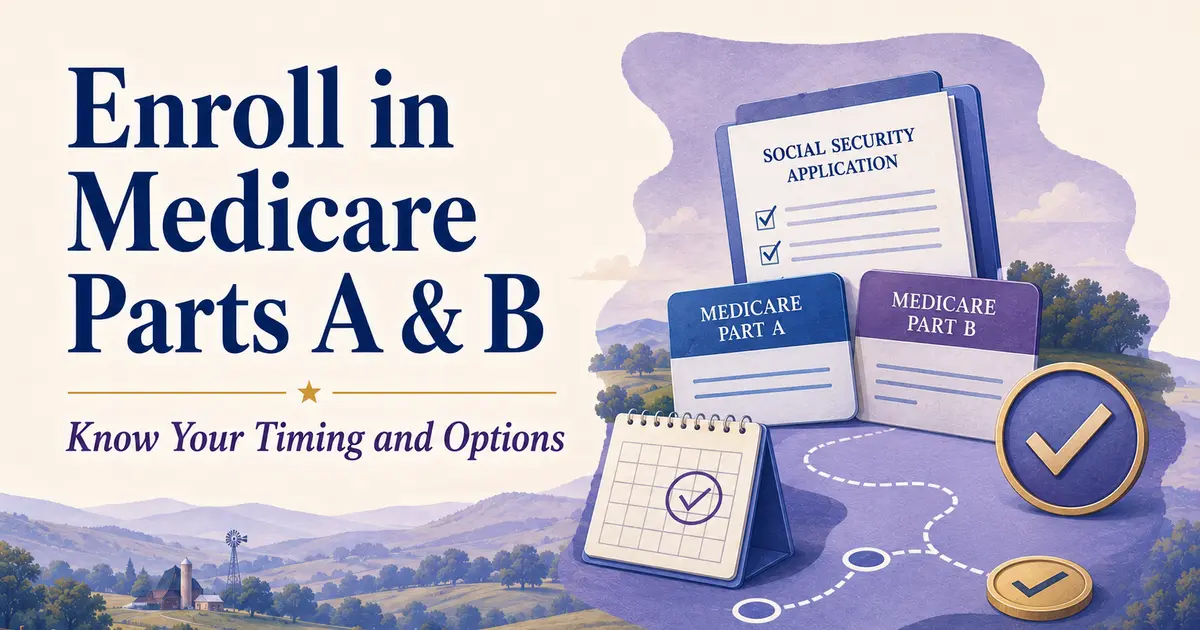 Enroll in Medicare Parts A & B: a Social Security application, Medicare Parts A and B cards, checkmarks and completed enrollment path.