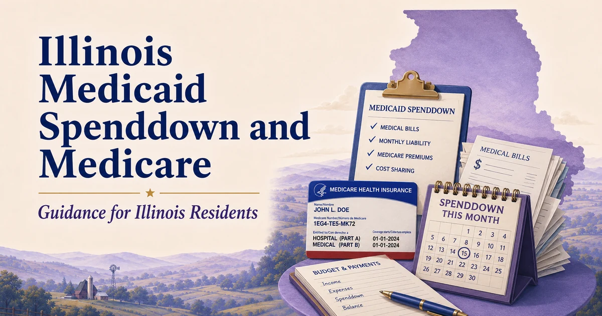 Illinois Medicaid Spenddown and Medicare guide showing a spenddown checklist, Medicare card, medical bills, monthly calendar and budget notes.