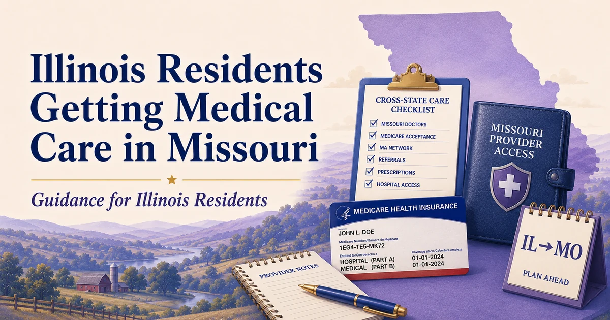 Illinois residents getting medical care in Missouri: cross-state care checklist, Missouri provider access folder, Medicare card and Illinois-to-Missouri planning materials.