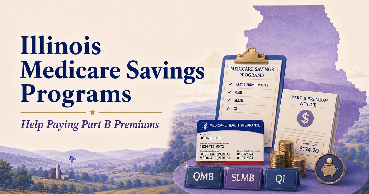 Illinois Medicare Savings Programs guide showing QMB, SLMB and QI assistance, a Part B premium notice, Medicare card and savings symbols.