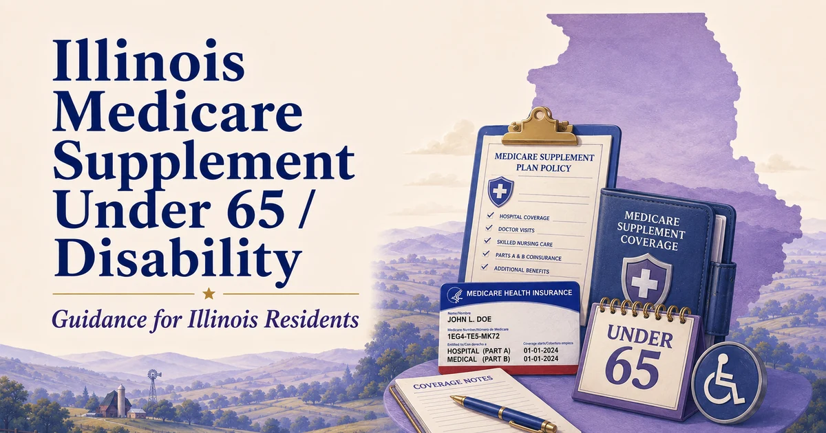 Illinois Medicare Supplement Under 65 and Disability: Illinois silhouette, Medicare Supplement policy documents, Medicare card, under-65 marker and accessibility symbol.
