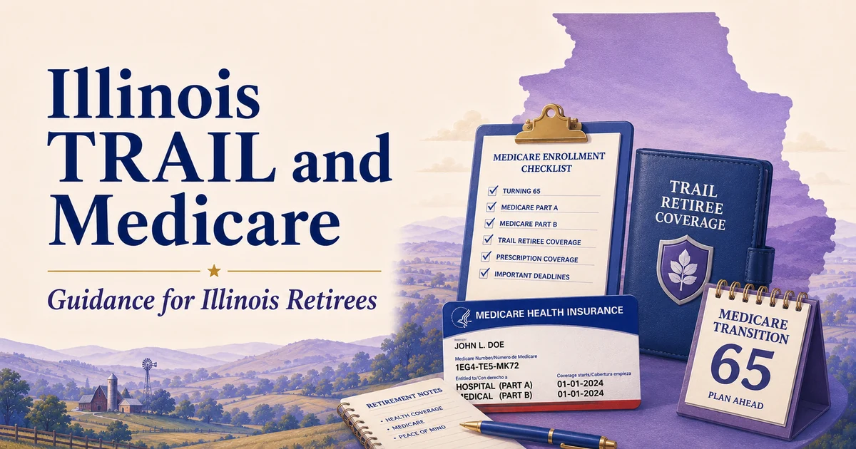 Illinois TRAIL and Medicare: Illinois silhouette, TRAIL retiree coverage folder, Medicare enrollment checklist, Medicare card and retirement planning materials.