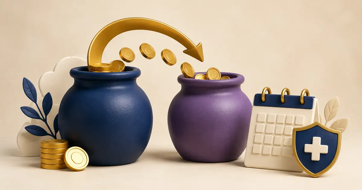 Retirement savings jars, coins, conversion arrow, calendar and healthcare shield illustrating IRA transactions and future Medicare premiums