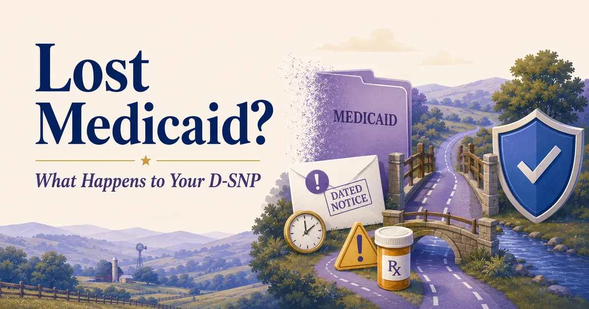 Medicare beneficiary reviewing a Medicaid eligibility change notice and D-SNP card