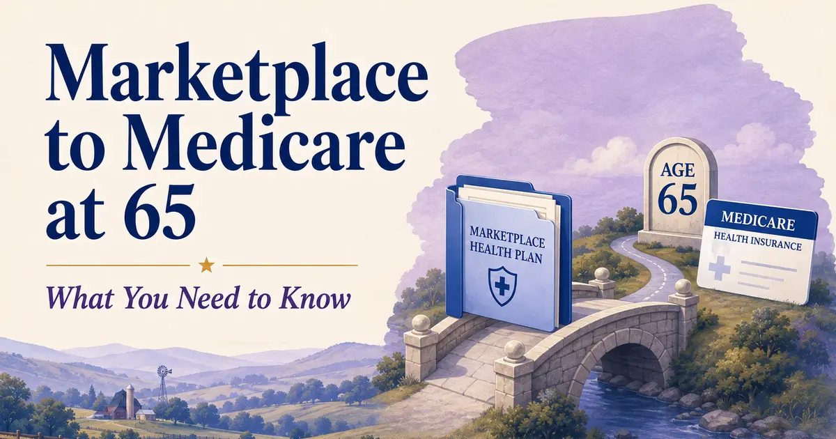 Marketplace to Medicare at 65: a Marketplace health-plan folder crossing a bridge toward Medicare at an age-65 marker.