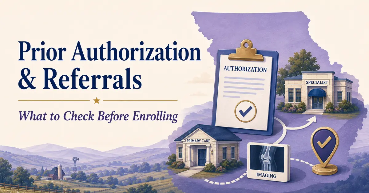 Authorization clipboard, referral arrows and medical service cards arranged in a blue Medicare Advantage pathway
