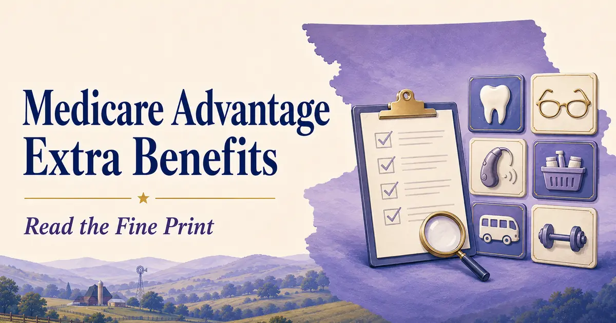 Dental, eyeglasses, hearing, OTC, transportation and fitness benefit tiles beside a Medicare Advantage checklist