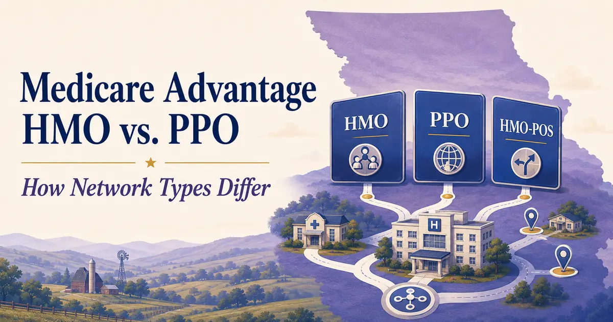 Blue HMO, PPO and HMO-POS route cards with a hospital, clinic and branching network paths