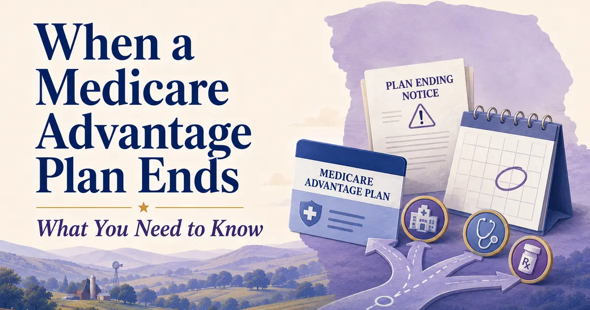 Plan card, official notice, calendar and branching healthcare choices representing a Medicare Advantage plan ending
