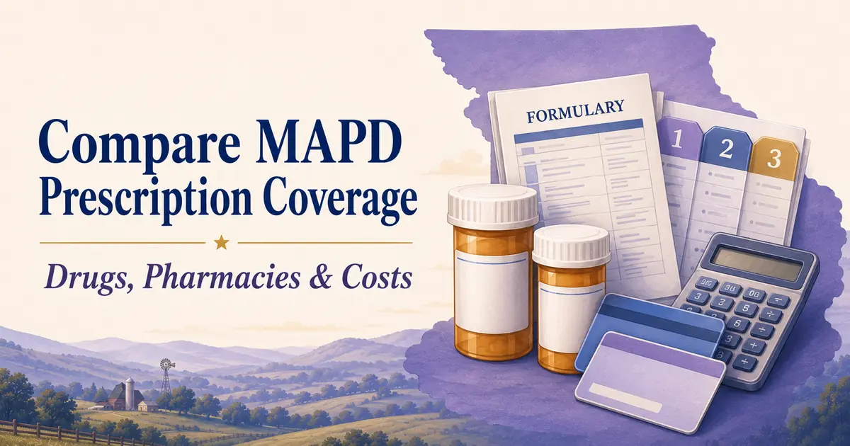 Prescription bottles, formulary pages and pharmacy cards arranged on a blue Medicare Advantage comparison board