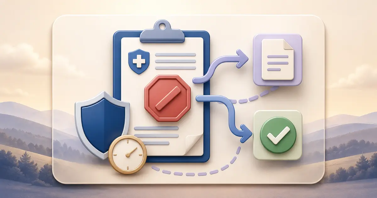 Medical authorization clipboard, denial symbol, clock and appeal path representing a Medicare Advantage prior authorization denial