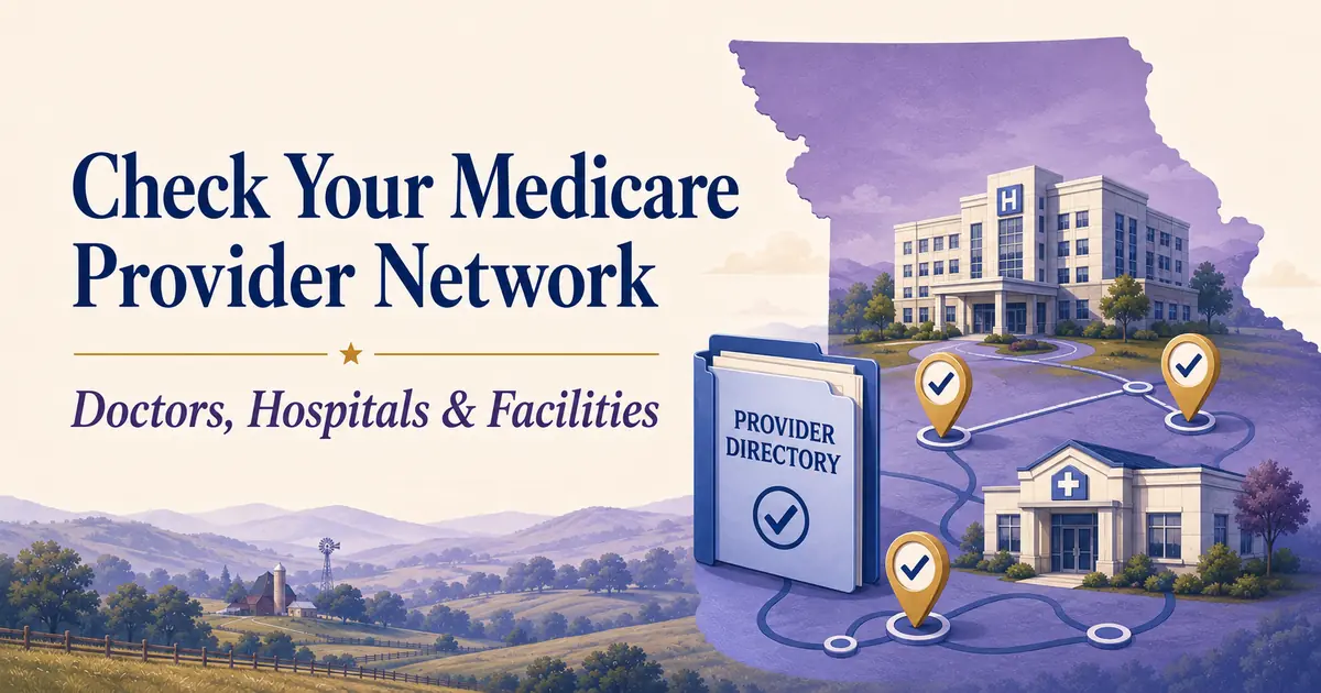 Provider directory, hospital, clinic and verified network map connected by blue lines and checkmarks