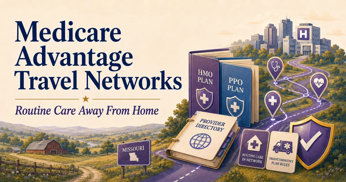 Medicare Advantage travel networks: HMO and PPO plan guides, provider directory, hospital route, Missouri landscape and plan-rule cards.