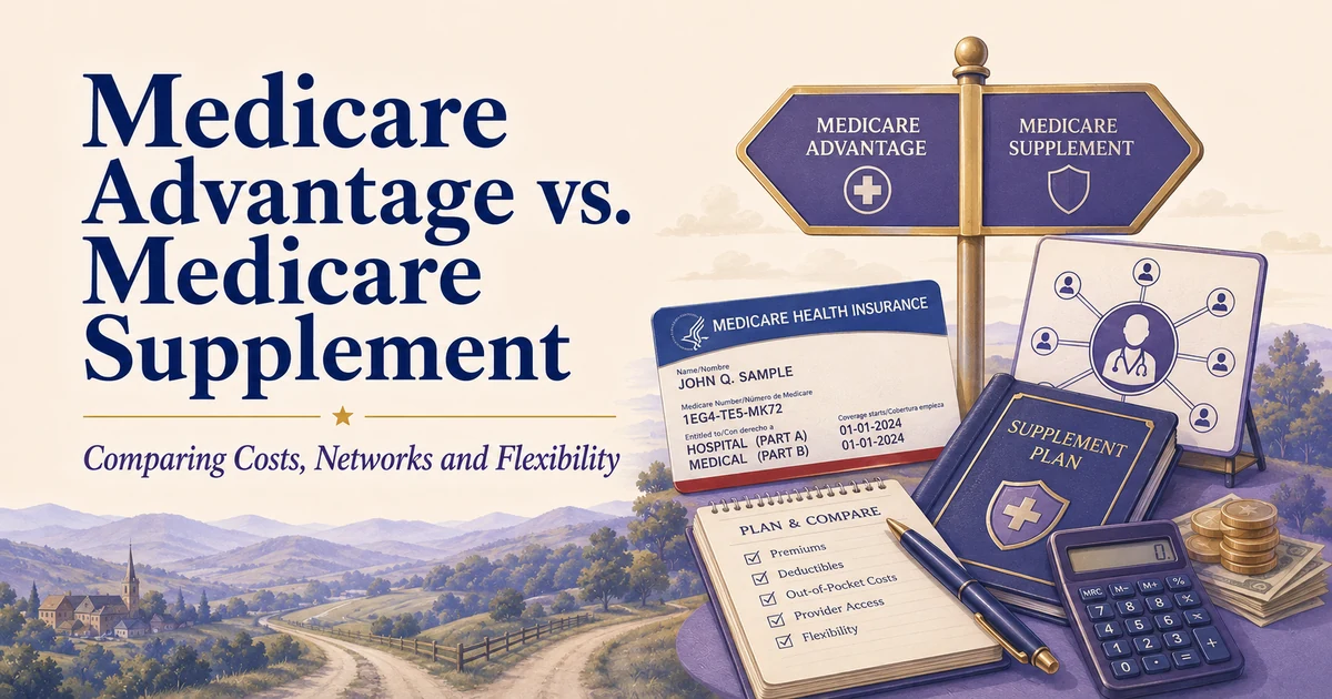 Medicare Advantage vs. Medicare Supplement guide with a directional sign, Medicare card, provider-access board, plan comparison checklist, calculator and coins.