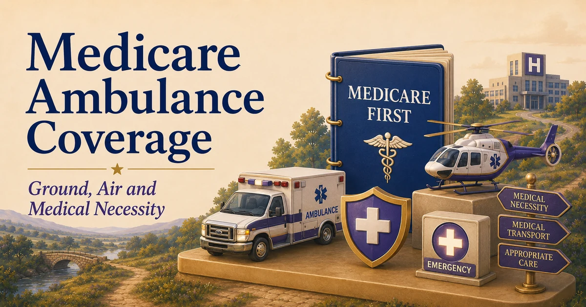 Medicare ambulance coverage guide with ground ambulance, air ambulance, medical necessity and emergency-care symbols in a MERP-style landscape.