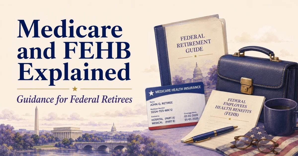 Medicare and FEHB guide with a Medicare card, federal retirement guide, FEHB paperwork, briefcase and Washington landmarks