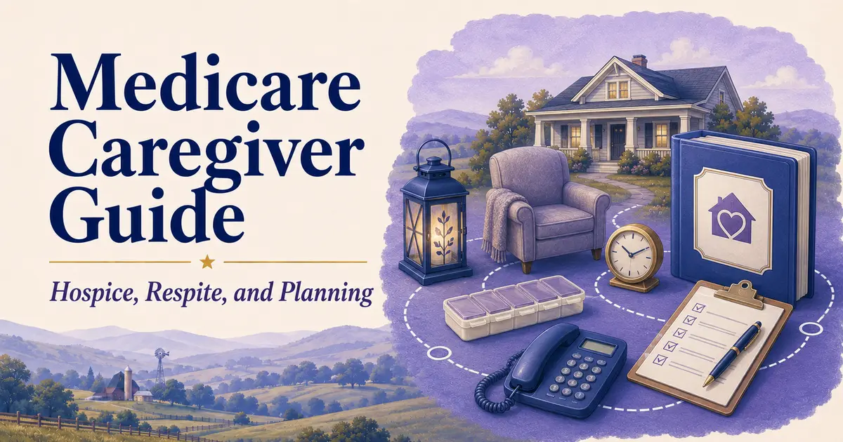 Caregiver planning folder with a hospice lantern, respite chair, clock, phone, checklist and home