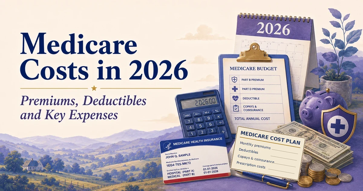 Medicare Costs in 2026 guide with a Medicare budget clipboard, calendar, calculator, Medicare card, coins and savings materials