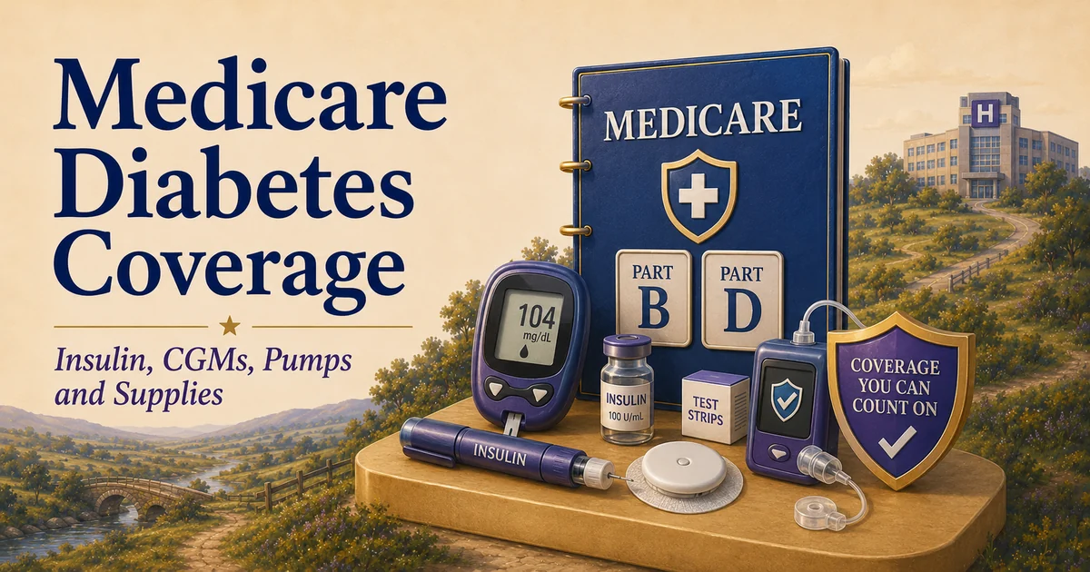 Medicare diabetes coverage guide with insulin, glucose meter, CGM, Part B and Part D symbols in a MERP-style landscape.
