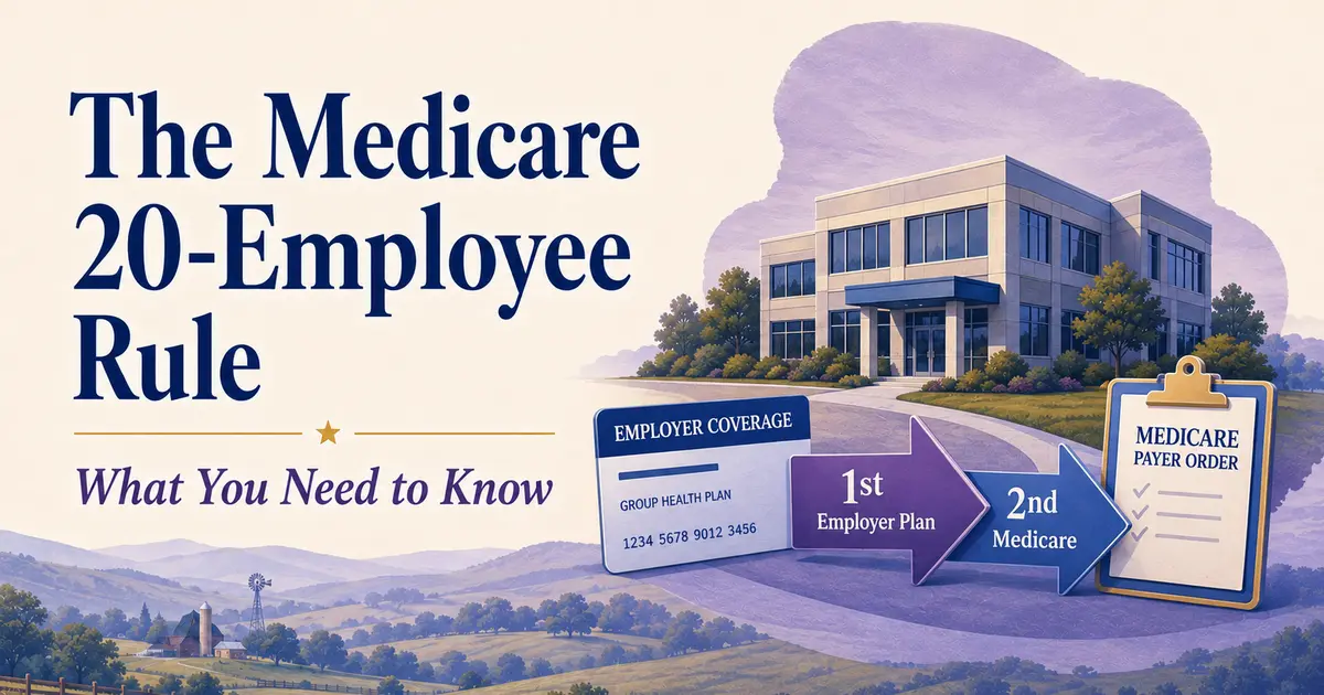 The Medicare 20-Employee Rule: a workplace building, employee groups, employer coverage card and Medicare payer-order arrows.