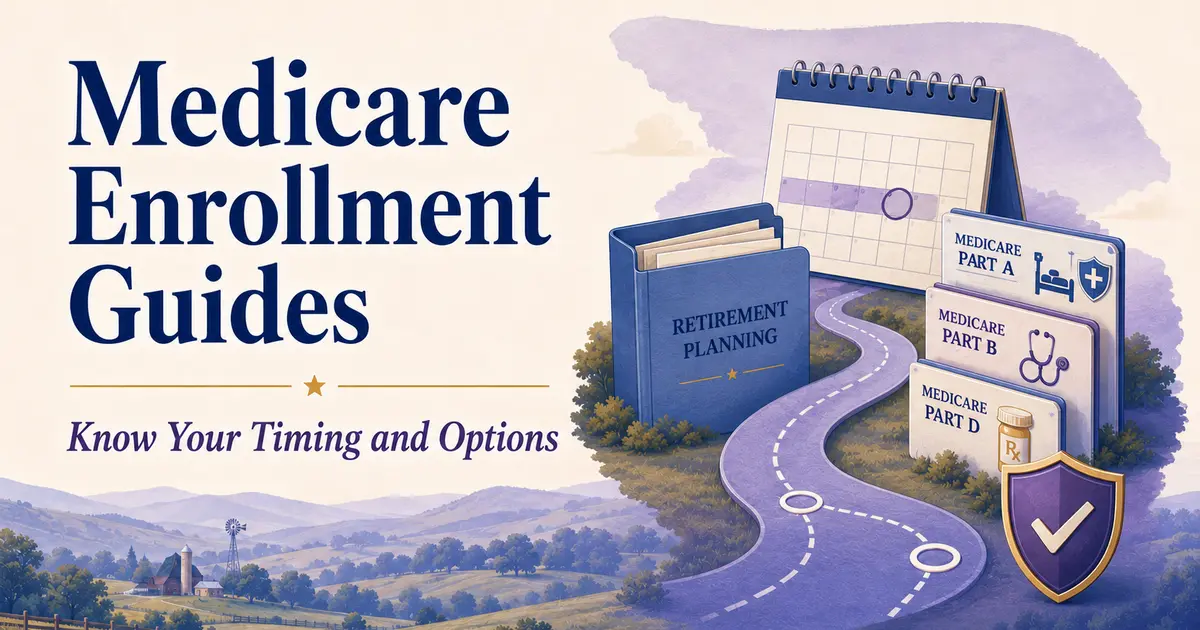 Medicare Enrollment Guides: a roadmap leading from a calendar and retirement folder to Medicare coverage choices.