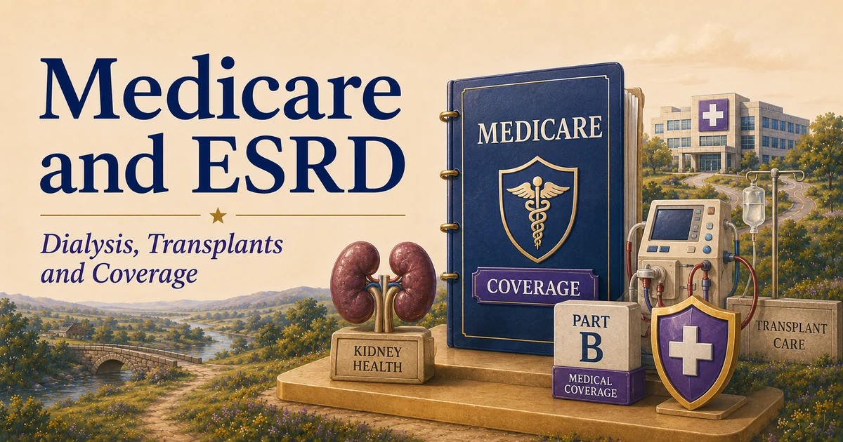 Medicare and ESRD guide with kidney health, dialysis equipment, Part B coverage and transplant-care symbols in a MERP-style landscape.