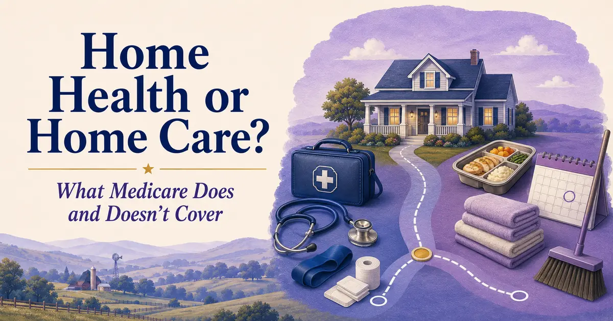 Home health medical bag and stethoscope beside a home-care calendar, meals, towels and broom