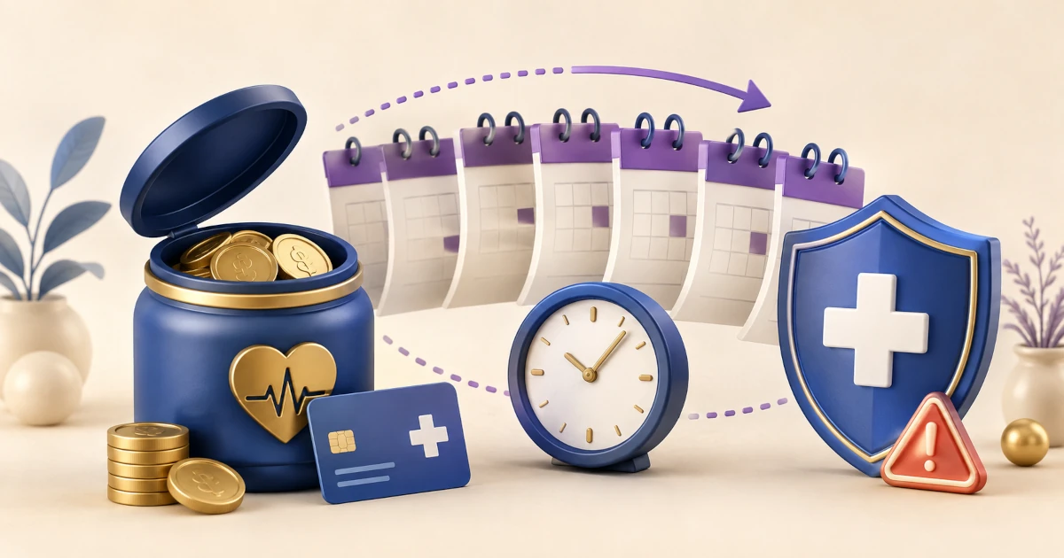 HSA savings, calendar, clock and healthcare shield illustrating Medicare contribution timing