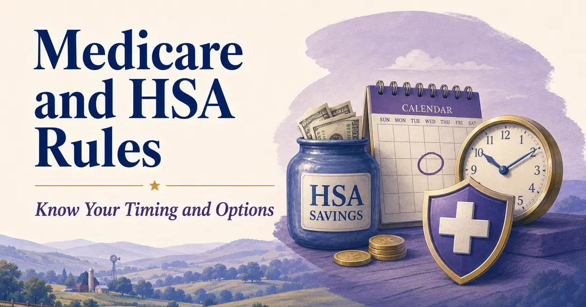 Medicare and HSA Rules: HSA savings, calendar, clock and healthcare shield illustrating Medicare contribution timing.