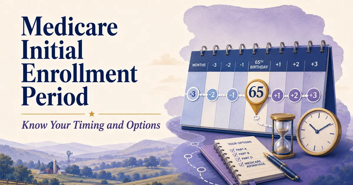 Medicare Initial Enrollment Period: a seven-month calendar centered on a 65th-birthday marker with a clear enrollment path.