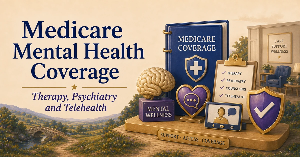 Medicare mental health coverage guide with therapy, psychiatry, telehealth and coverage symbols in a MERP-style landscape.